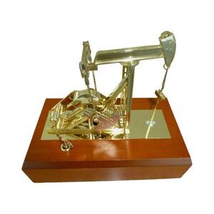 Vintage Crude Oil Pump Music Box Automaton Gilt Gold Pump With Wooden Case